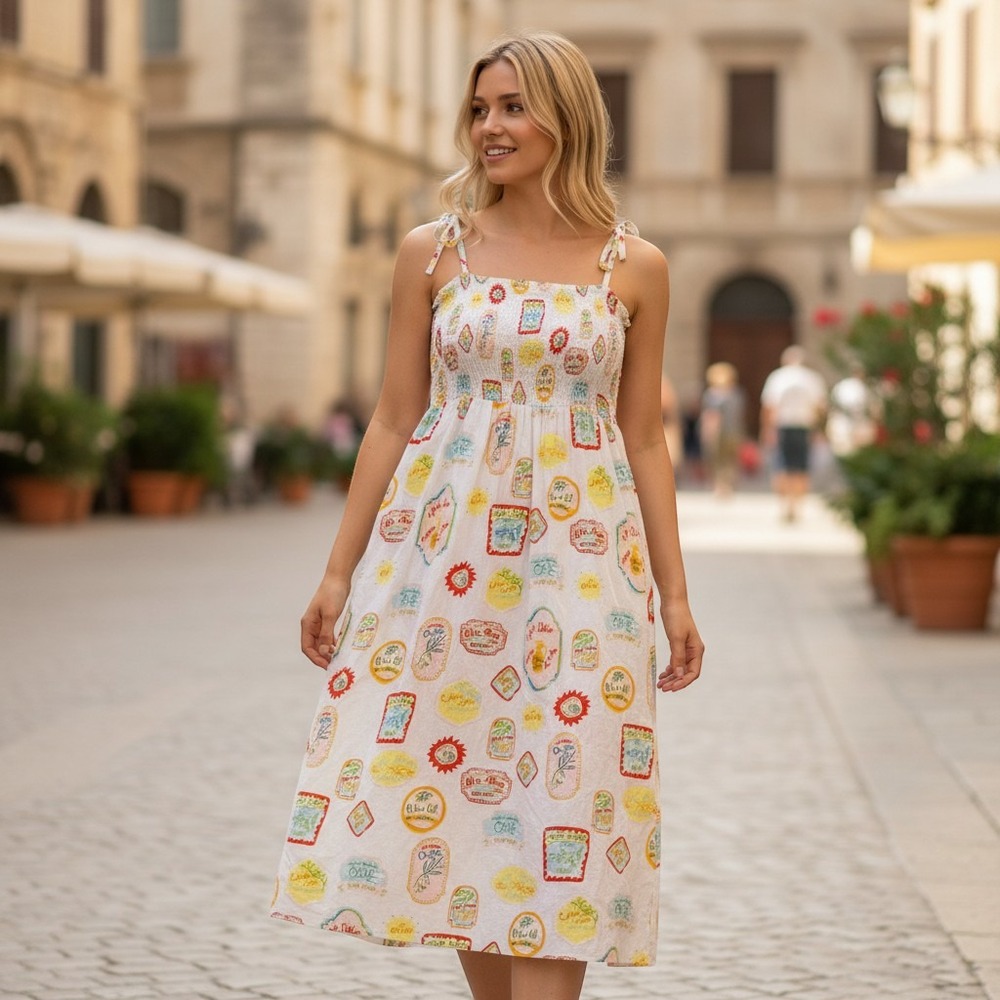 Cynthia Rowley Olive Oil Label Print Smocked Midi Dress White Large Tie Strap - Picture 1 of 11